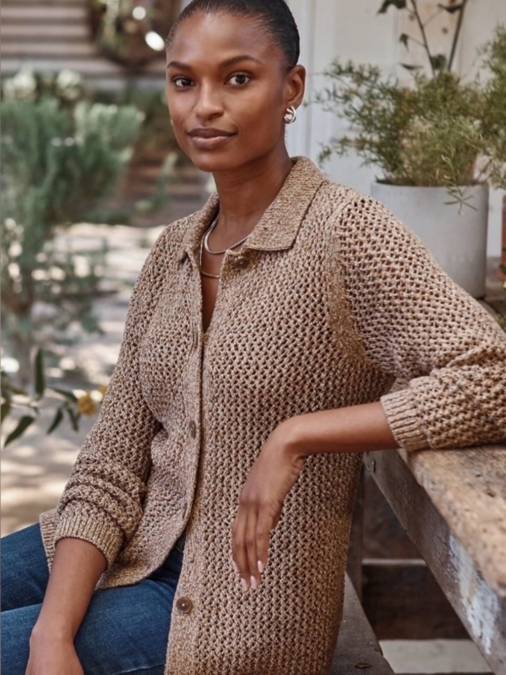 NWT J. Jill XL Button-Up Open-Knit Cardigan Sweater In Rattan Multi Cotton Blend - Picture 2 of 8